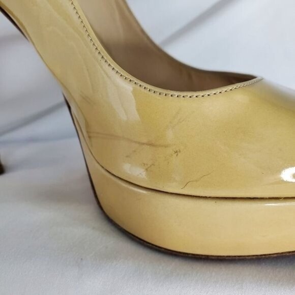 Jimmy Choo Patent Leather Luna “Nude” Tan Crown Open Toe Platform Pump Heel, 37 - Picture 4 of 14